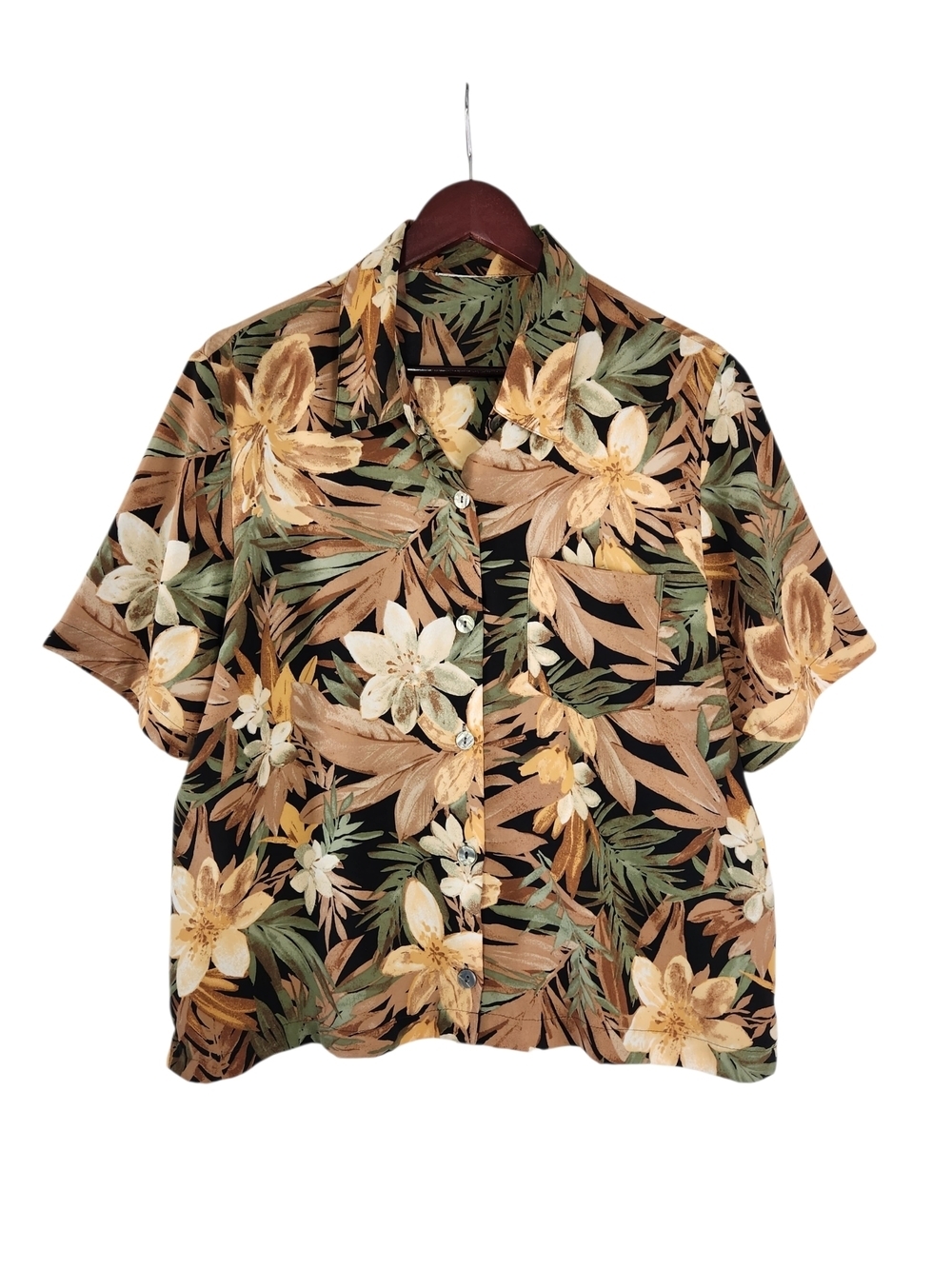Tropical Hawaiian Floral Button Down Shirt Women’s Large Resort Cruise Blk/Green